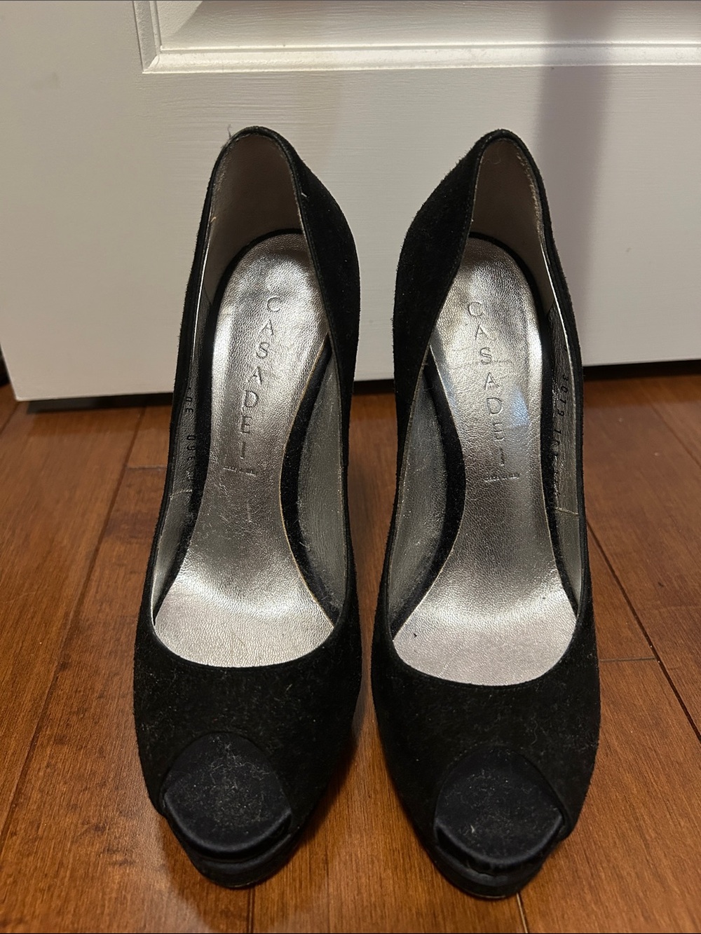 Casadei Black Suede Peep-Toe Platform Pumps